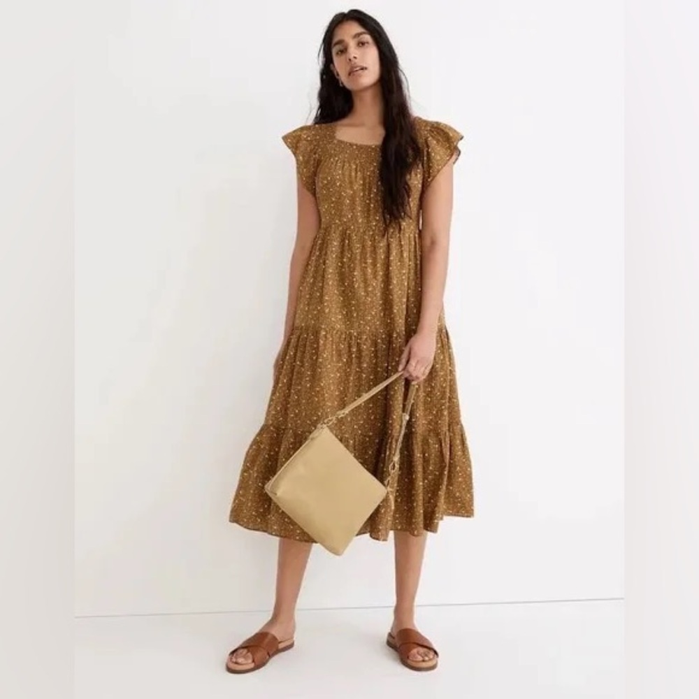 Madewell Ruffle Sleeved Tiered Midi Dress in Daisy Stitch